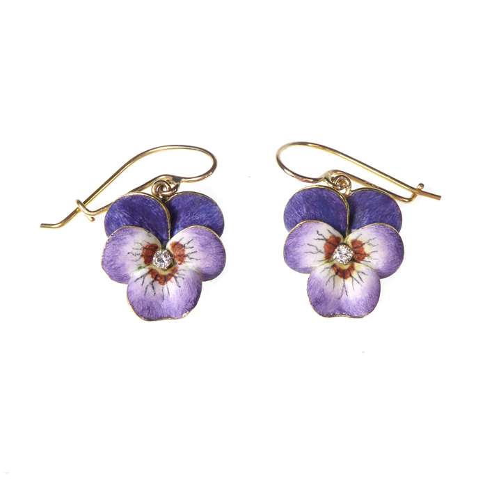 Pair of antique purple enamel pansy flower earrings
